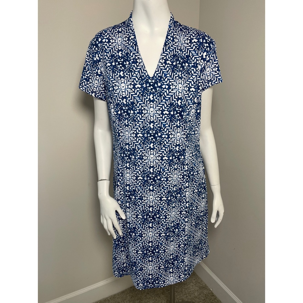 J.McLaughlin Blue White Geometric Mosaic V-Neck Catalina Cloth Shift Dress L